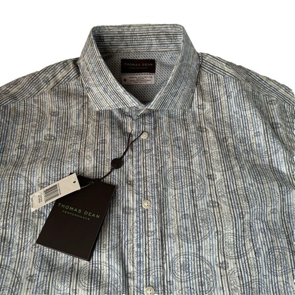 Thomas Dean Performance Button Down Shirt Blue Paisley Medium NWT - Picture 10 of 16